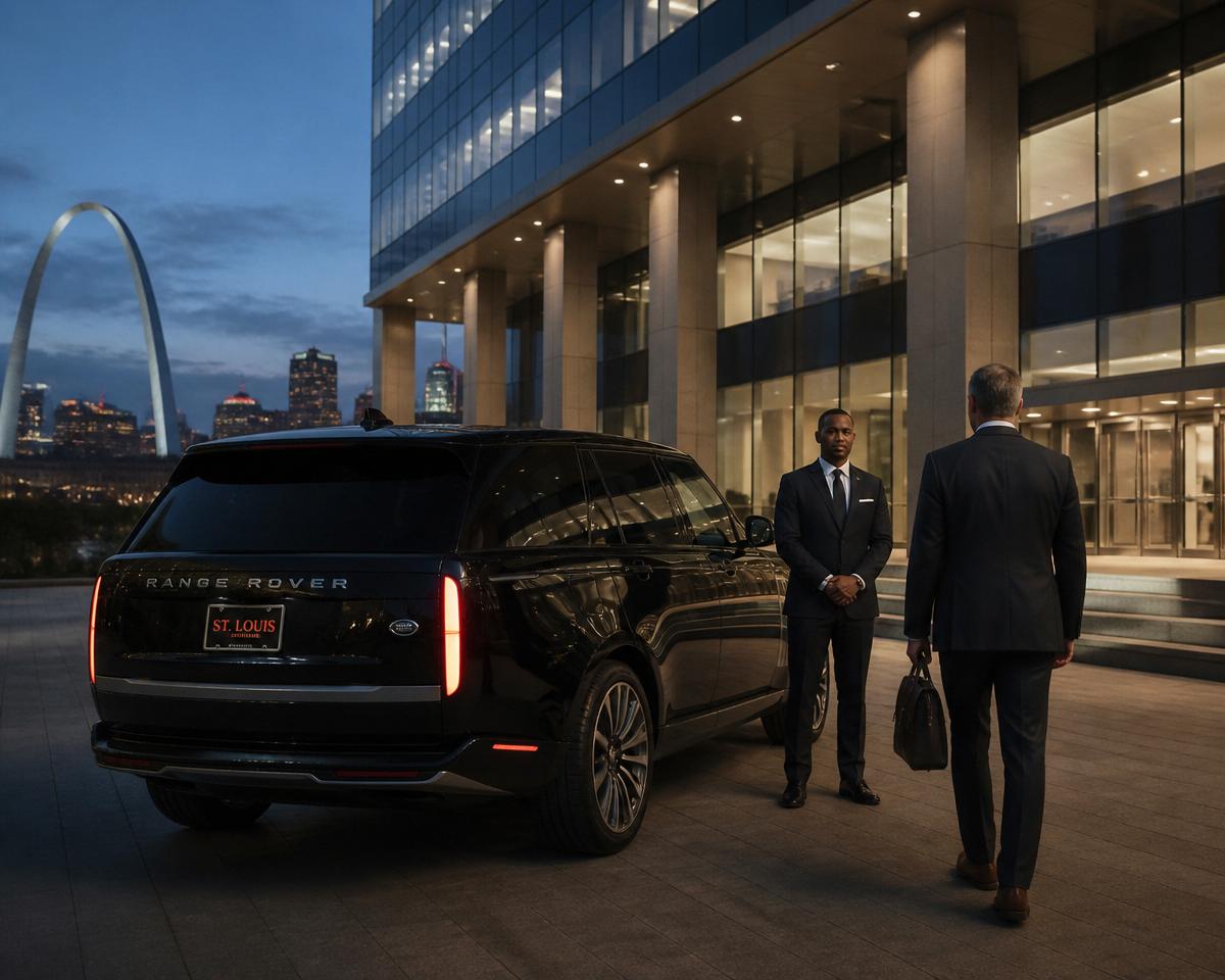 Professional chauffeur standing beside a Range Rover Autobiography ready for a St. Louis executive roadshow