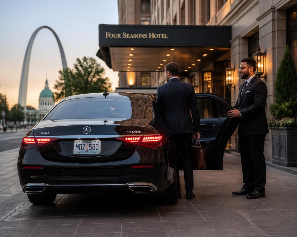 Professional chauffeur holding the door of a Mercedes S-Class for an executive at a St. Louis hotel entrance